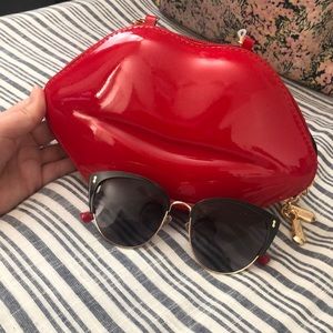 Betsy Johnson Red Lips clutch and sunglasses